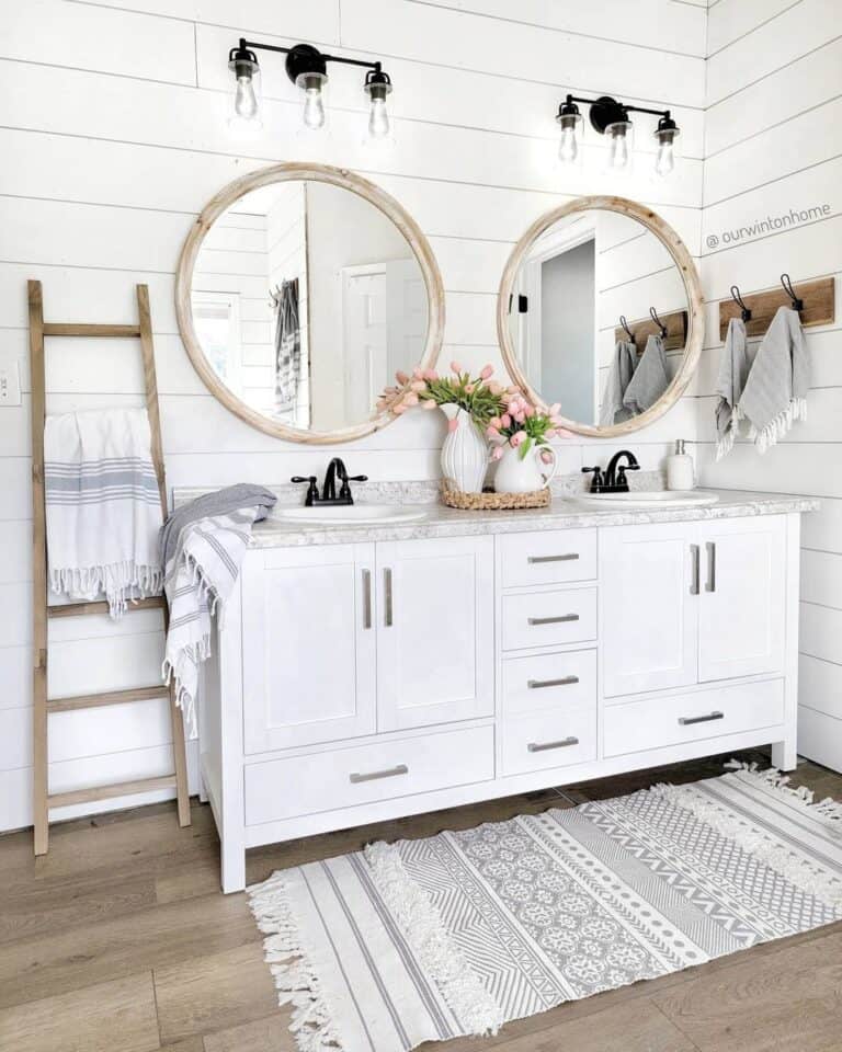 Rustic Wood Frame Round Bathroom Mirrors