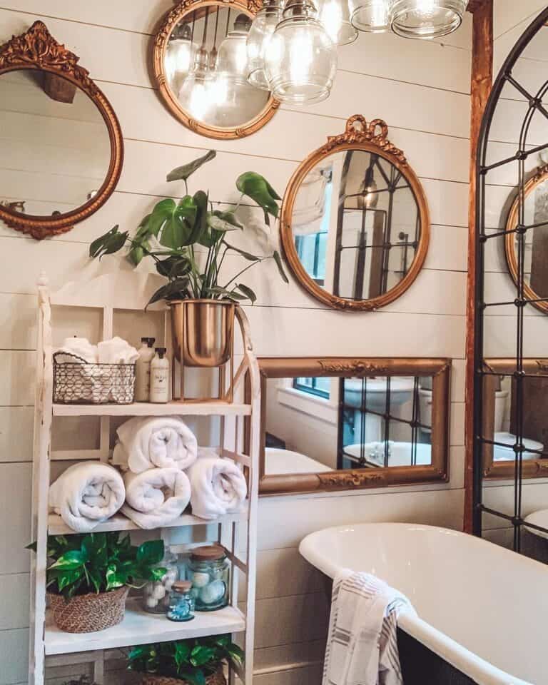 Display of Mirrors on Shiplap Bathroom Wall