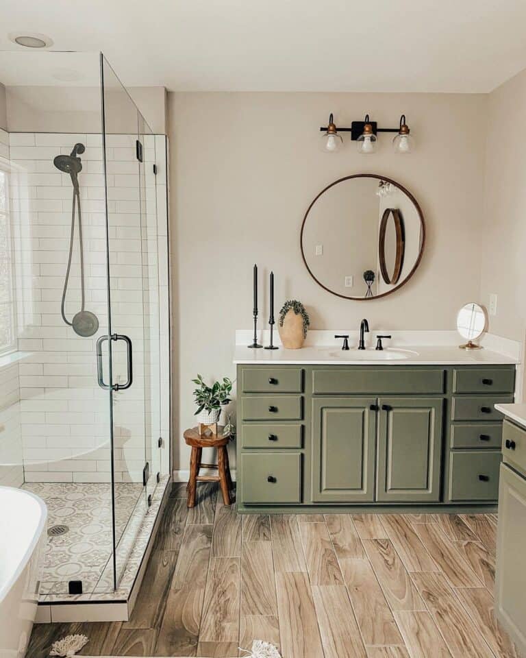 Wood Frame Round Bathroom Mirror