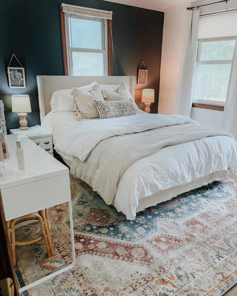 Pastel Linens With Black Bedroom Walls