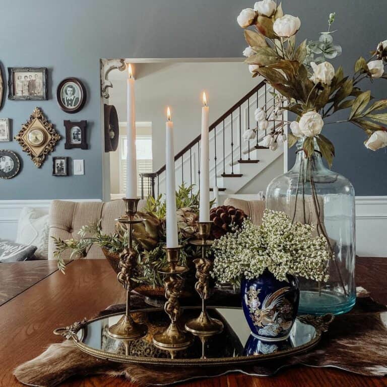 Warm Wood Dining Table with Classical Centerpiece