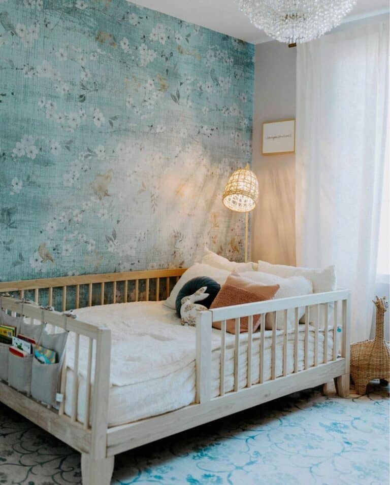 Blue Floral Wallpaper and a Matching Rug