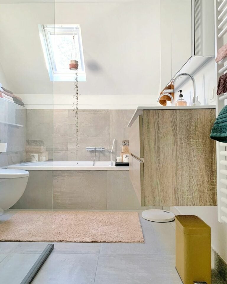 Floating Vanity in a Slanted Ceiling Bathroom