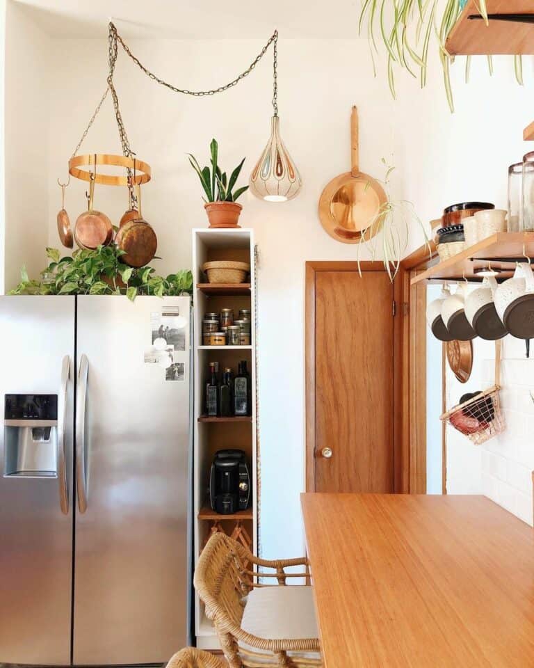 Kitchen Table Attached to White Subway Tile