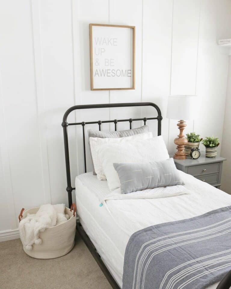 Basket Blanket Storage Beside a Twin Bed