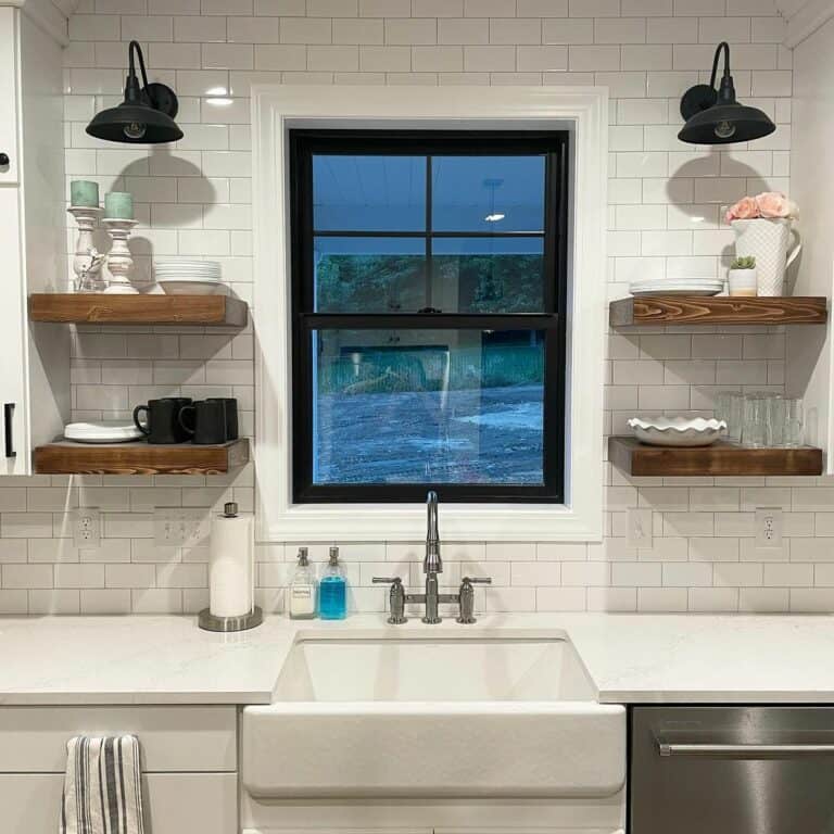 Wood Shelves on a White Tile Backsplash