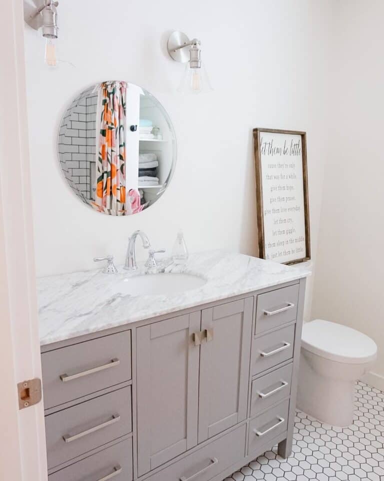 Modern Farmhouse Half Bath with Gray Vanity