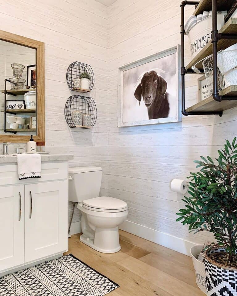 Powder Room with Gray Wood Shiplap Walls