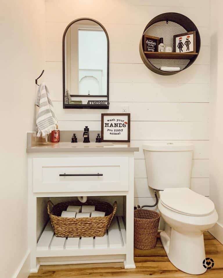Farmhouse Half Bath with White Washstand