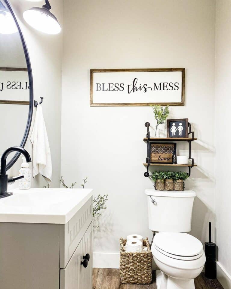 Farmhouse Half Bath with Gray Washstand