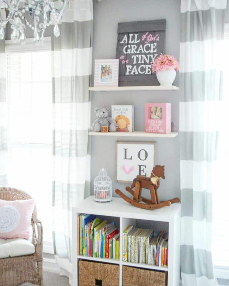 White and Gray Bedroom With Striped Curtains