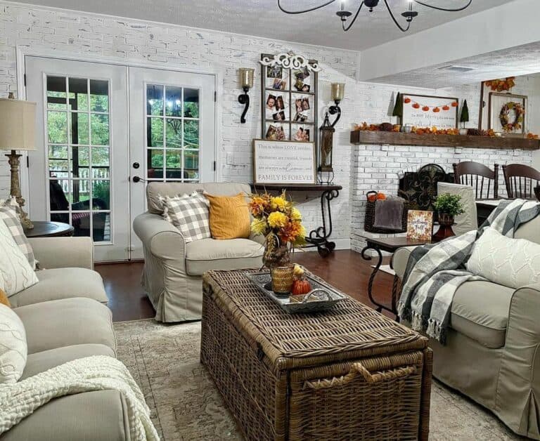 Beige Couches and Wicker Coffee Table