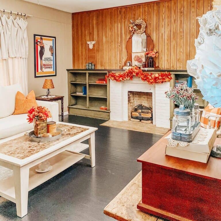 Fall-themed Living Room With Vertical Shiplap Accent Wall