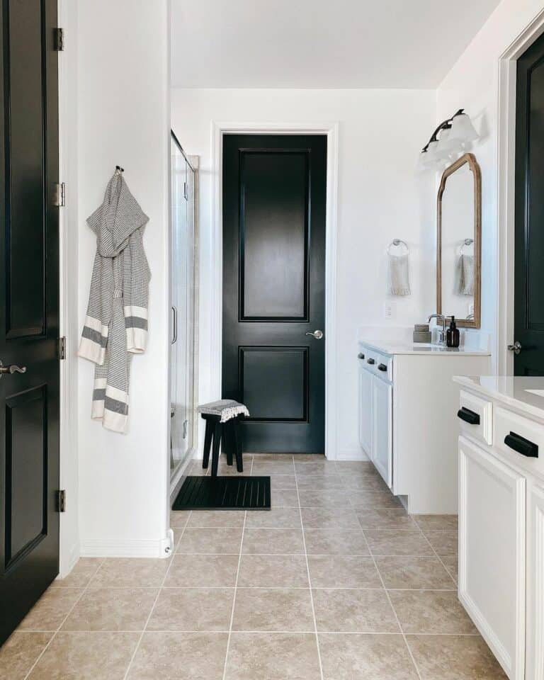 Bright Neutral Bathroom With Black Doors