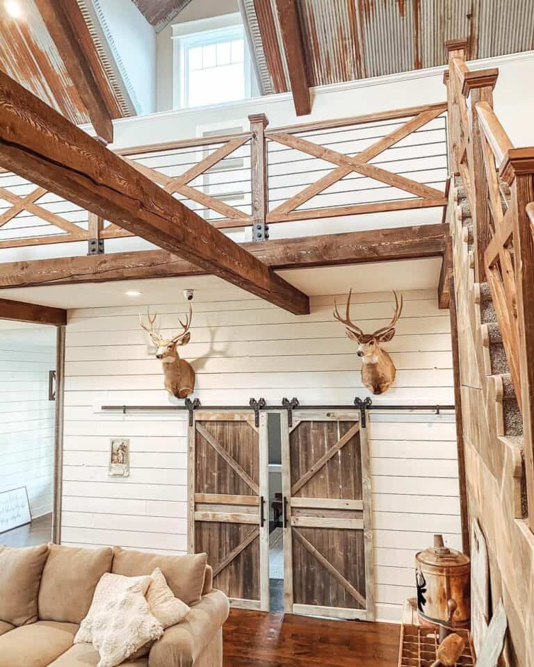 Wood Staircase Leads to a Farmhouse Mezzanine