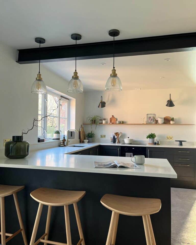 White Quartz Countertops in Modern Vaulted Kitchen
