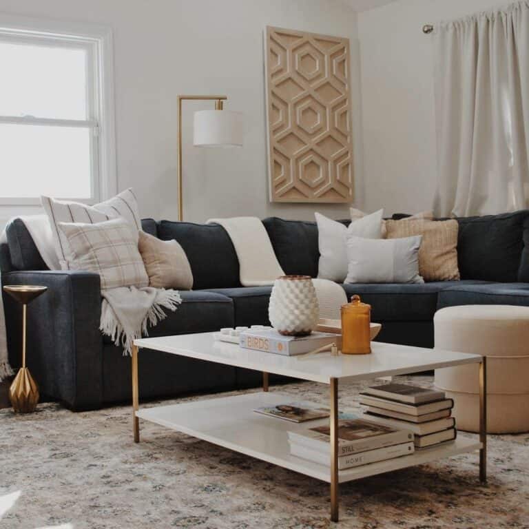 White and Beige Throw Pillows on a Navy Blue Couch