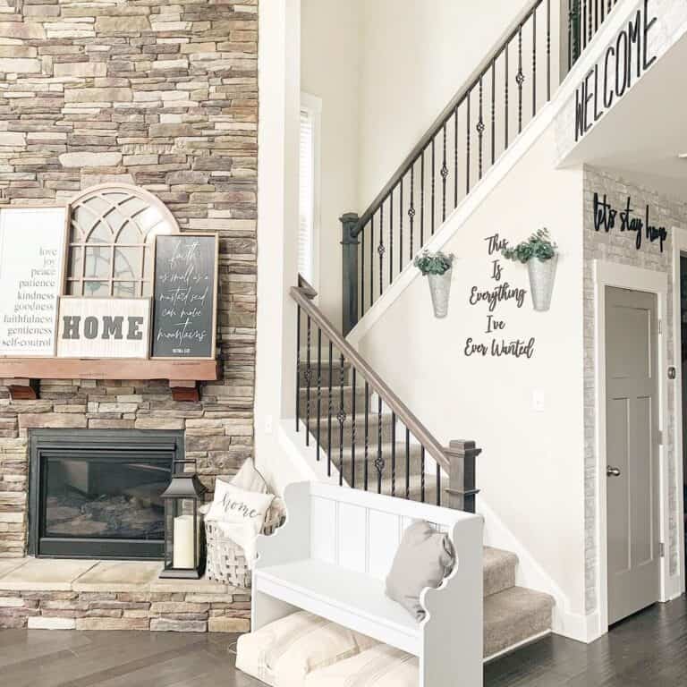Floor to Ceiling Dry Stack Stone Fireplace