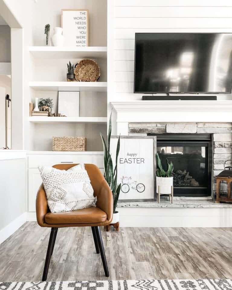 Gray Stone Fireplace with White Trim