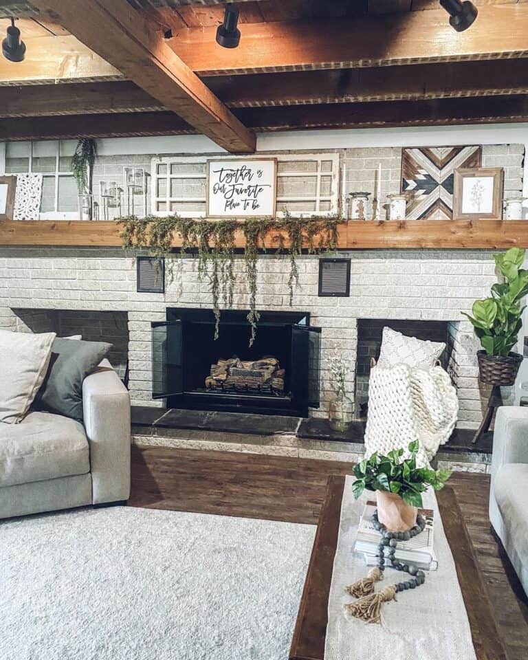 Gray Stone Fireplaces with Stained Wood Mantel