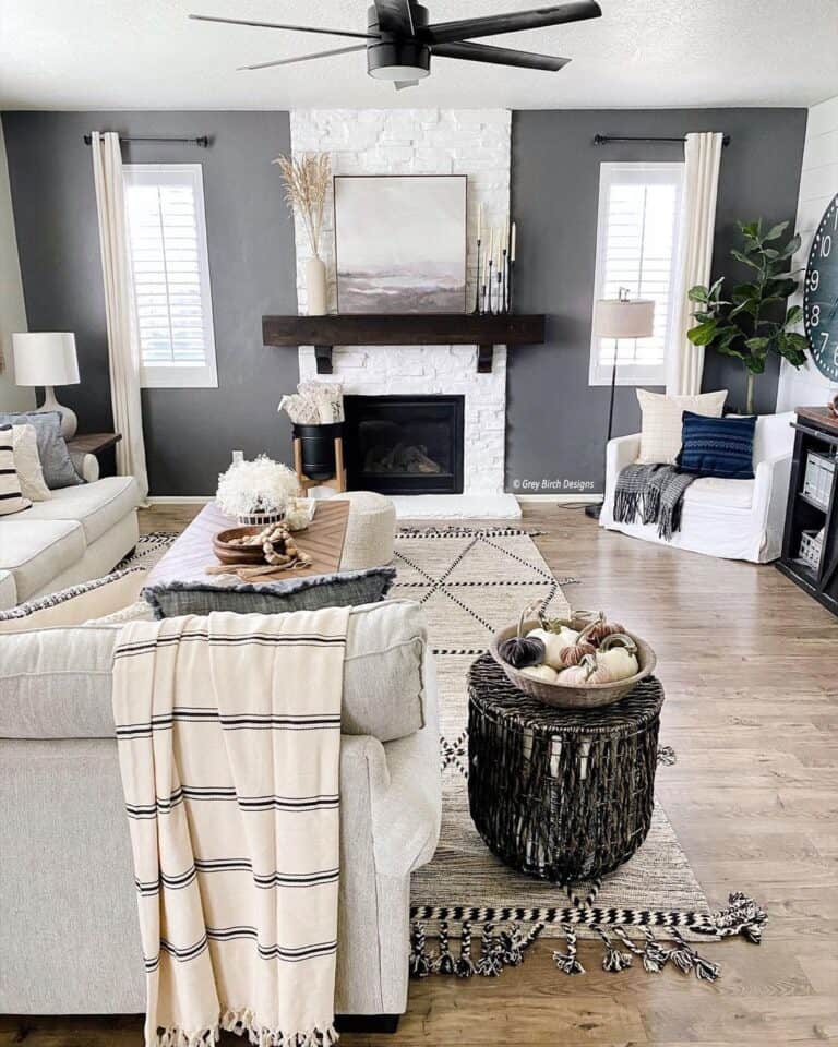 White Stone Fireplace with Dark Brown Mantel