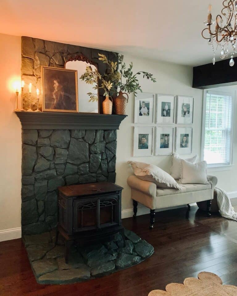 Gray Painted Stone Wood Burning Stove Fireplace