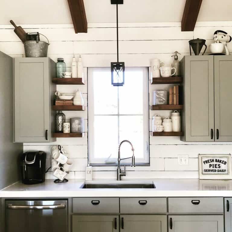 Shiplap Kitchen Displaying Floating Shelves