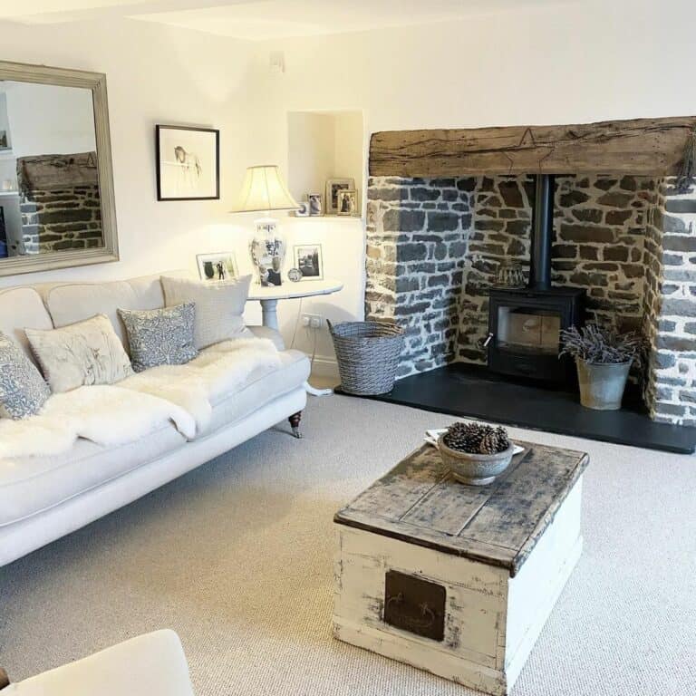 Stone Alcove Featured in Farmhouse Living Room