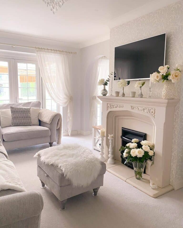 Dainty Fireplace Embellishments Featured Alongside Gray Furniture