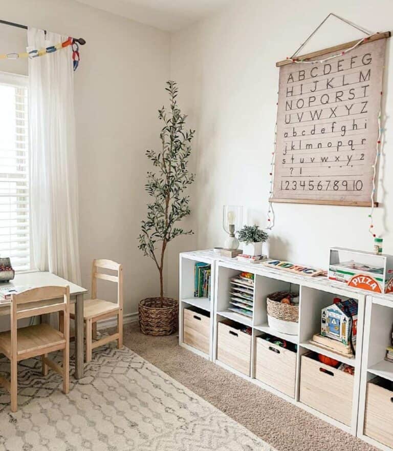 Organization Inspiration for a Neutral Playroom