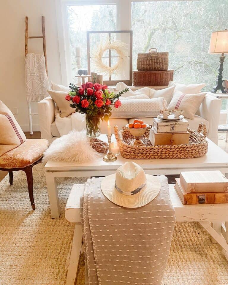 Cozy Farmhouse Living Room With Rattan and Rustic Décor