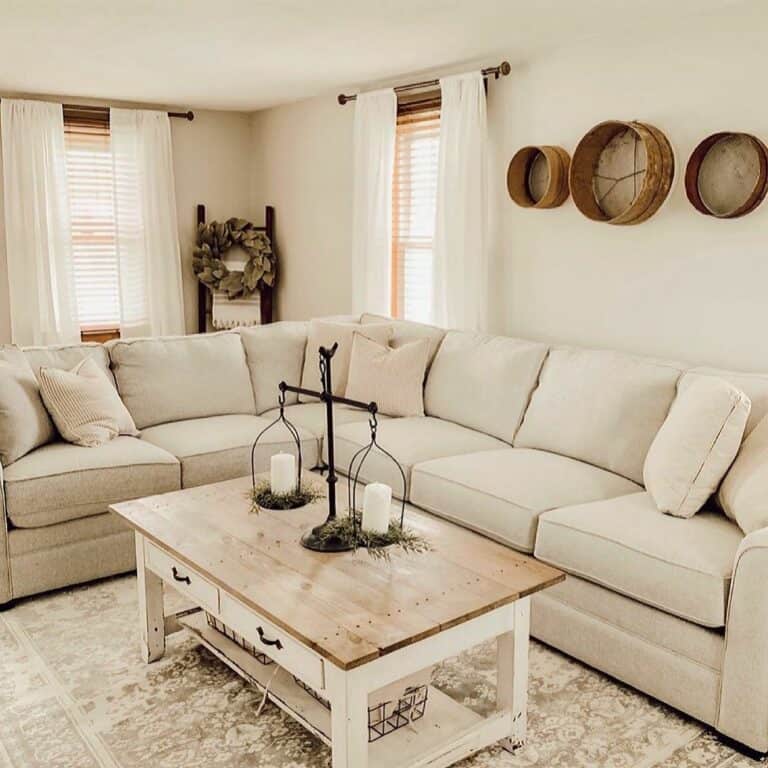Comfy Warm Farmhouse Living Room With Rustic Accents