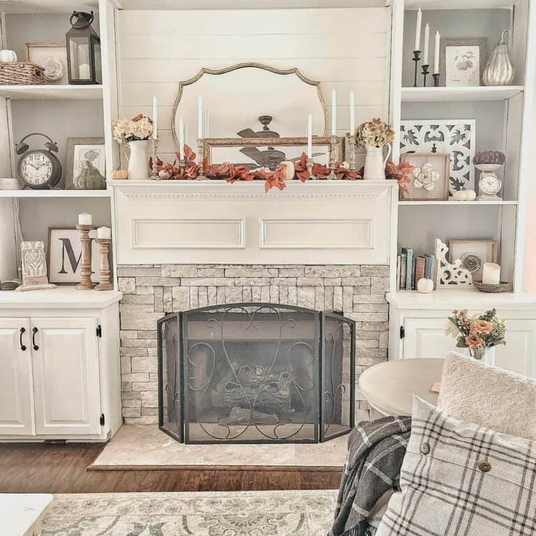 Vintage Decorations on White Built-In Shelves
