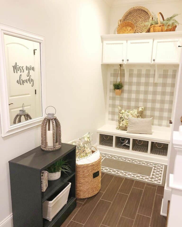 Farmhouse Entry Mudroom With White Built-in Bench