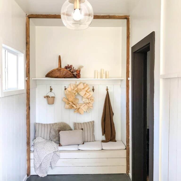 Built-in Light Wood Shiplap Mudroom Bench