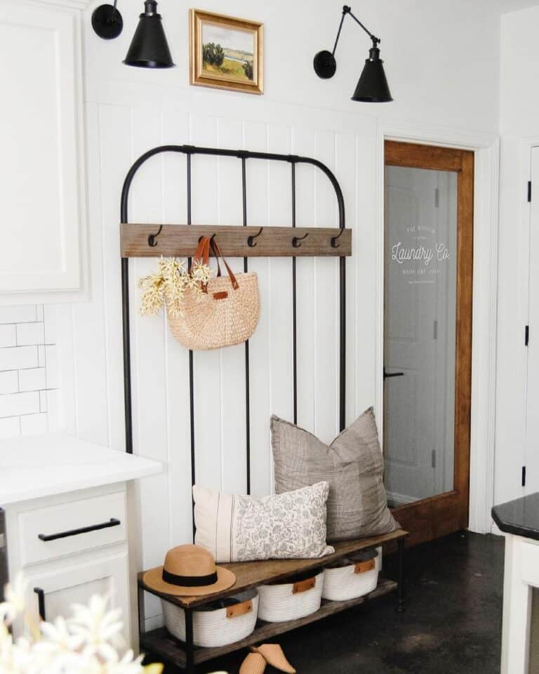 Stained Wood and Black Metal Entry Hall Tree