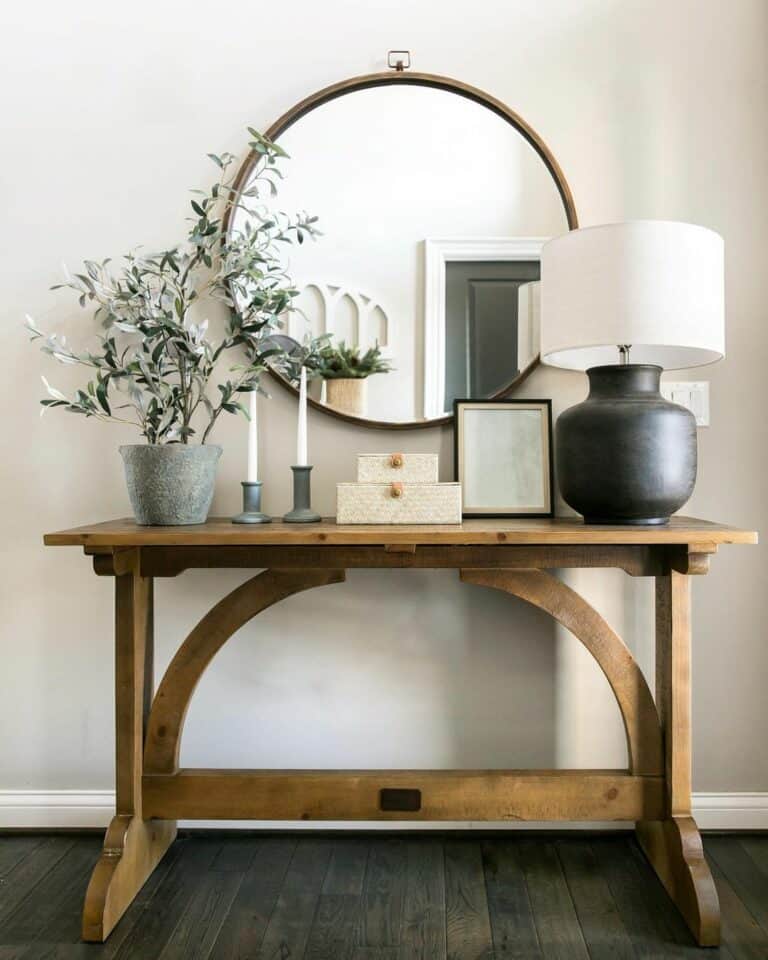 Wooden Farmhouse Table With Wood Circle Mirror
