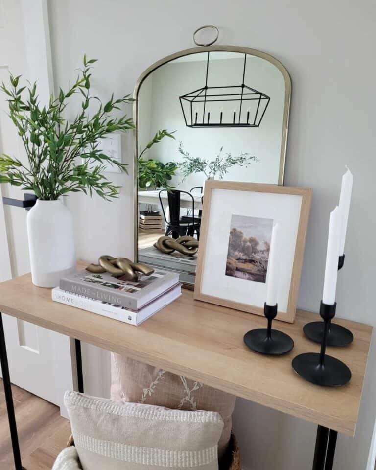 Light Wood and Black Metal Entrance Table