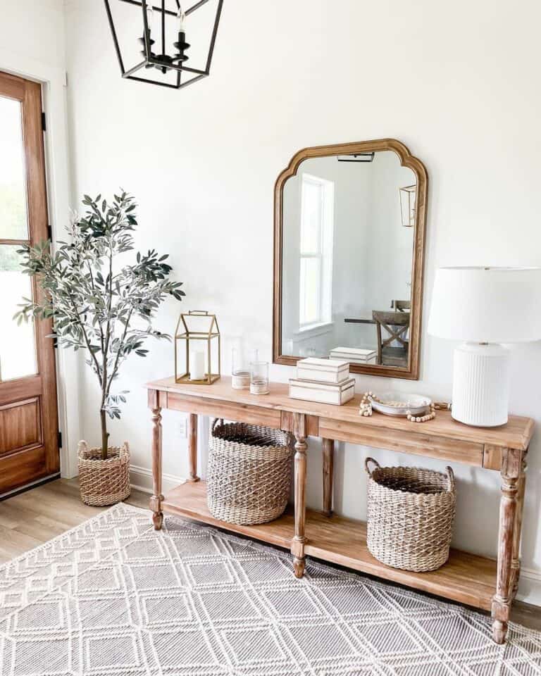 Stained Wood Farmhouse Table With Wicker Baskets