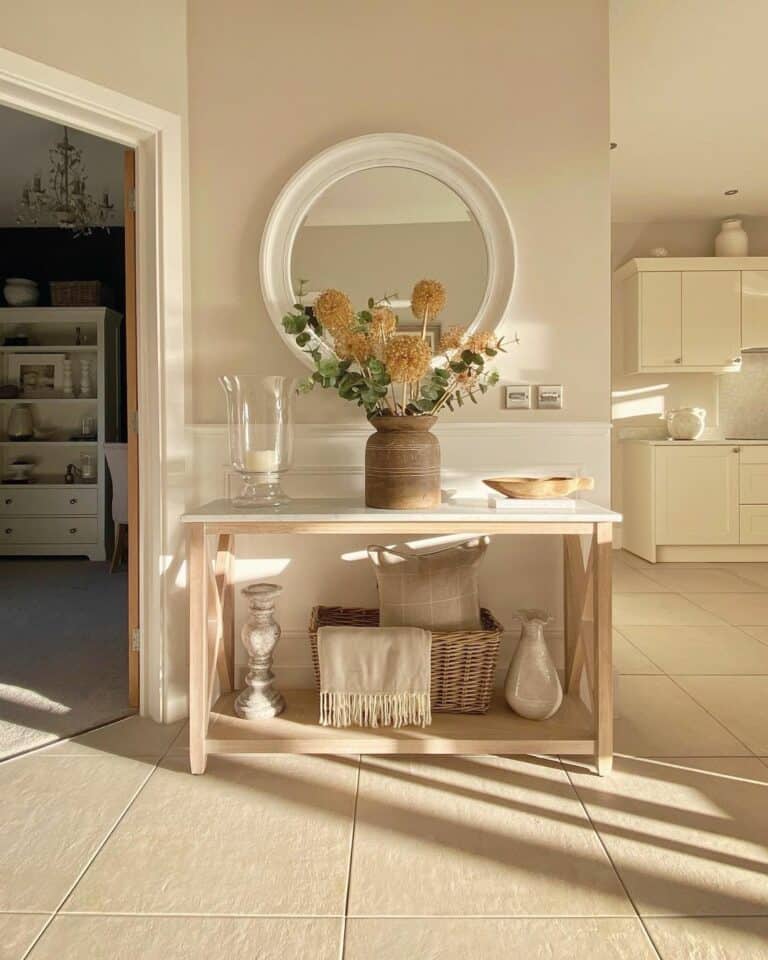 Modern Country Entryway With Neutral Floor Tiles