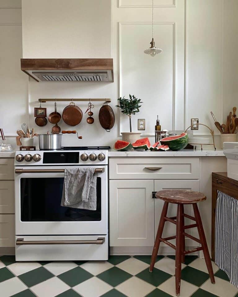 Modern White Kitchen With Patterned Floor Tiles