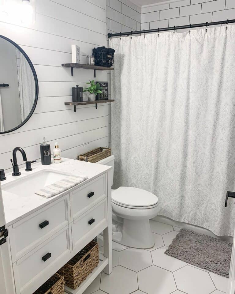 Modern Farmhouse Bathroom With Hexagonal Floor Tiles