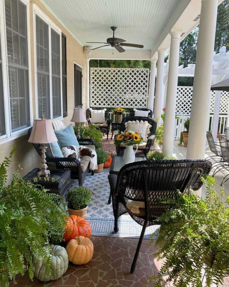 Blue and Tan Outdoor Rug on Front Porch