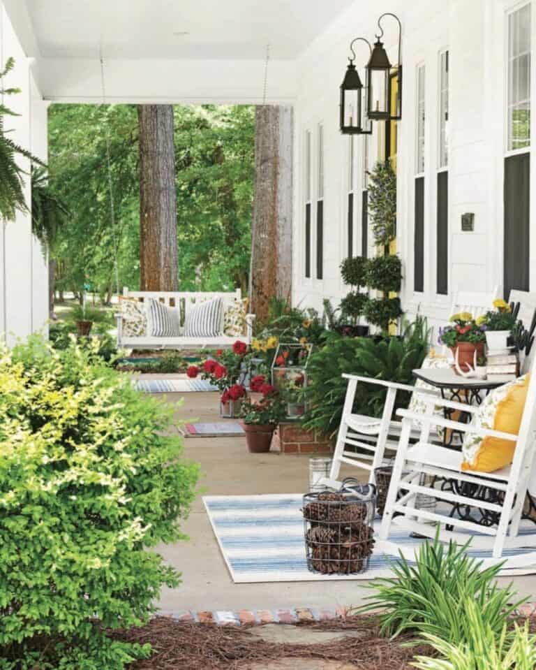 Front Porch Décor With Teal and White Rug