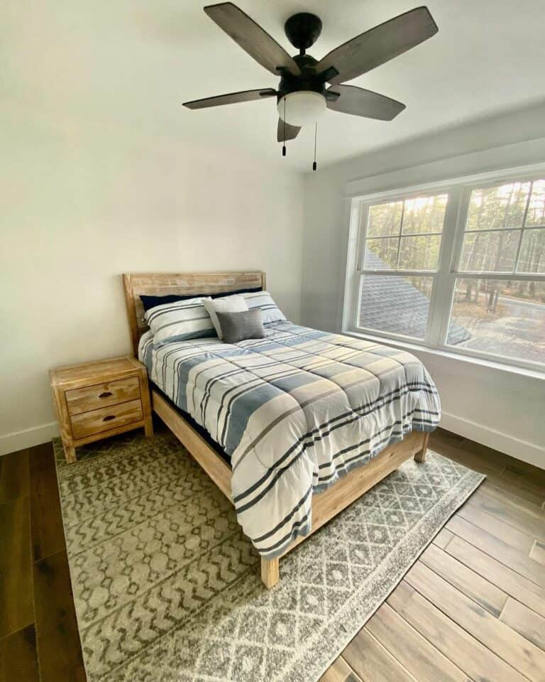 Olive Green Rug and a Black Ceiling Fan