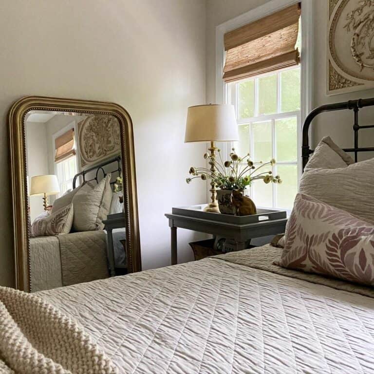 Gold Floor Mirror and Matching Lamp in Vintage Bedroom