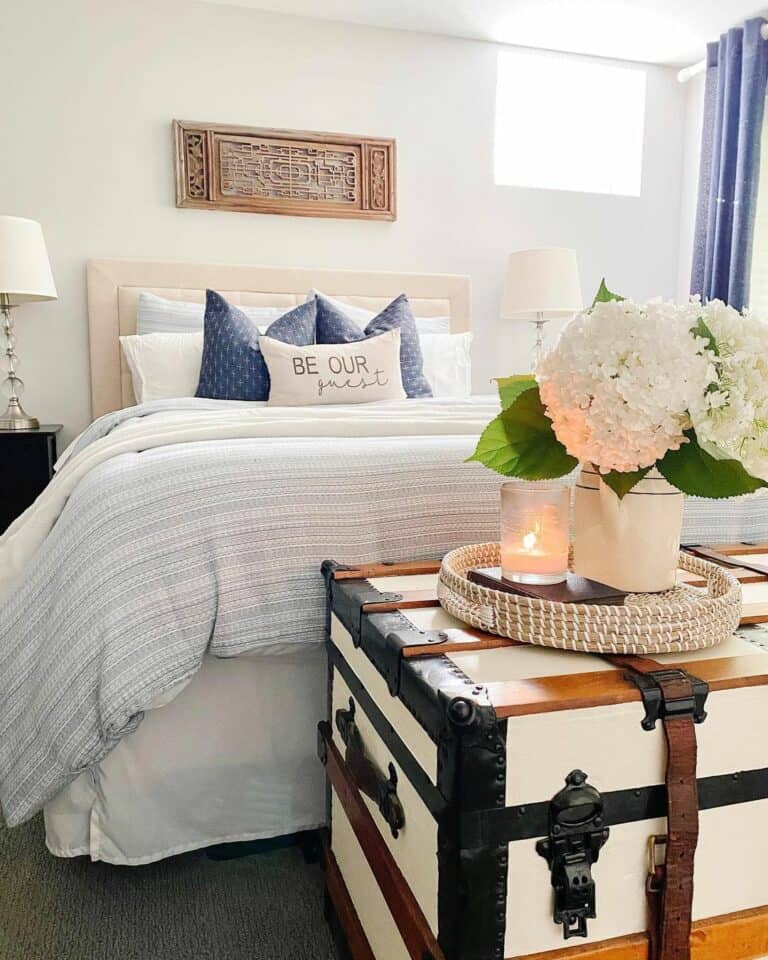 Bright Blue Curtains and White Flowers