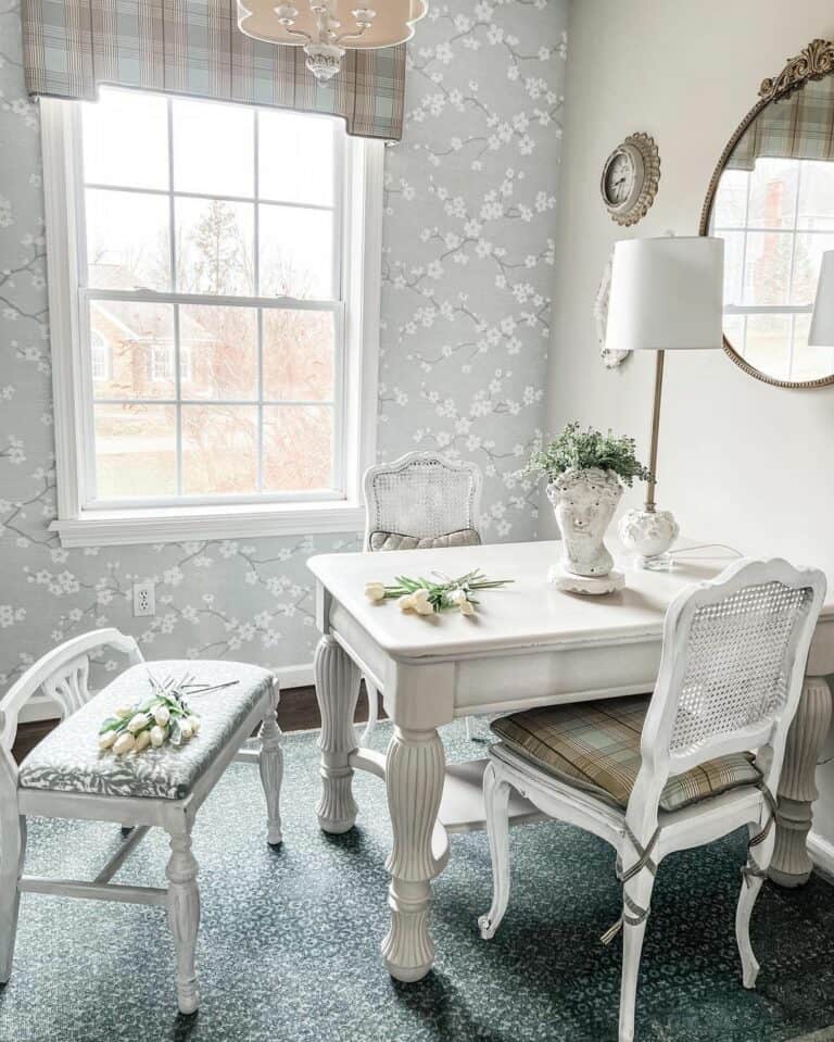 Dainty Flower-patterned Wallpaper in Home Office