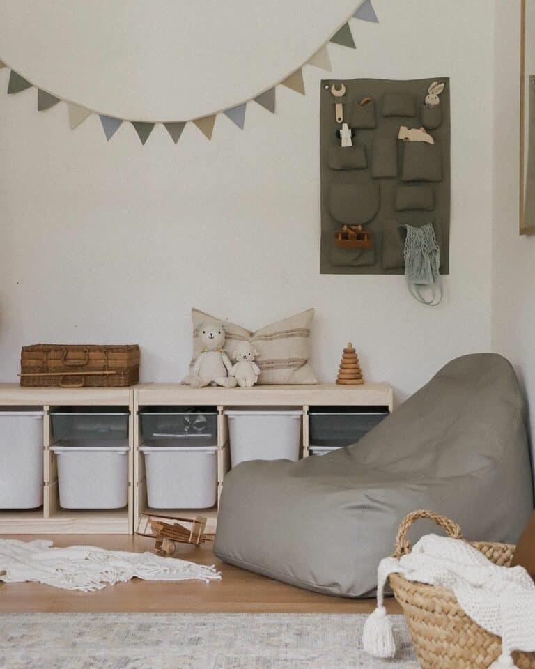 Gray Bean Bag Lounger Beside Wooden Cubbies