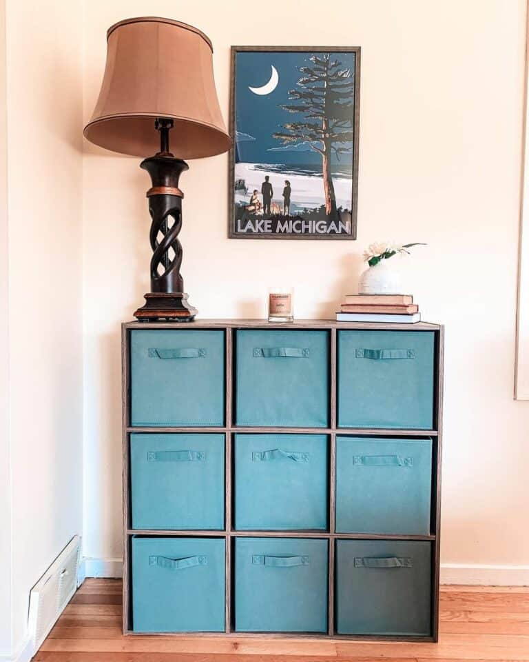 Wooden Cubbies With Light Blue Baskets